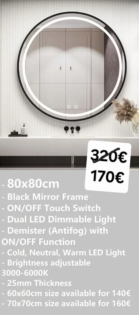 LED Bathroom Mirror 80cm Black Frame Makeup Vanity - Image 2