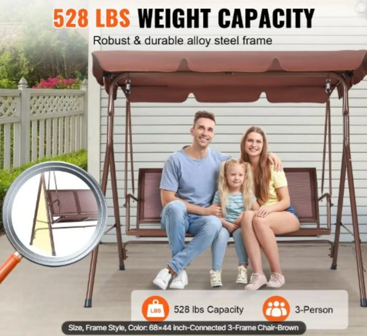 3-Seat Patio Swing Chair, Outdoor Patio Swing - Image 2