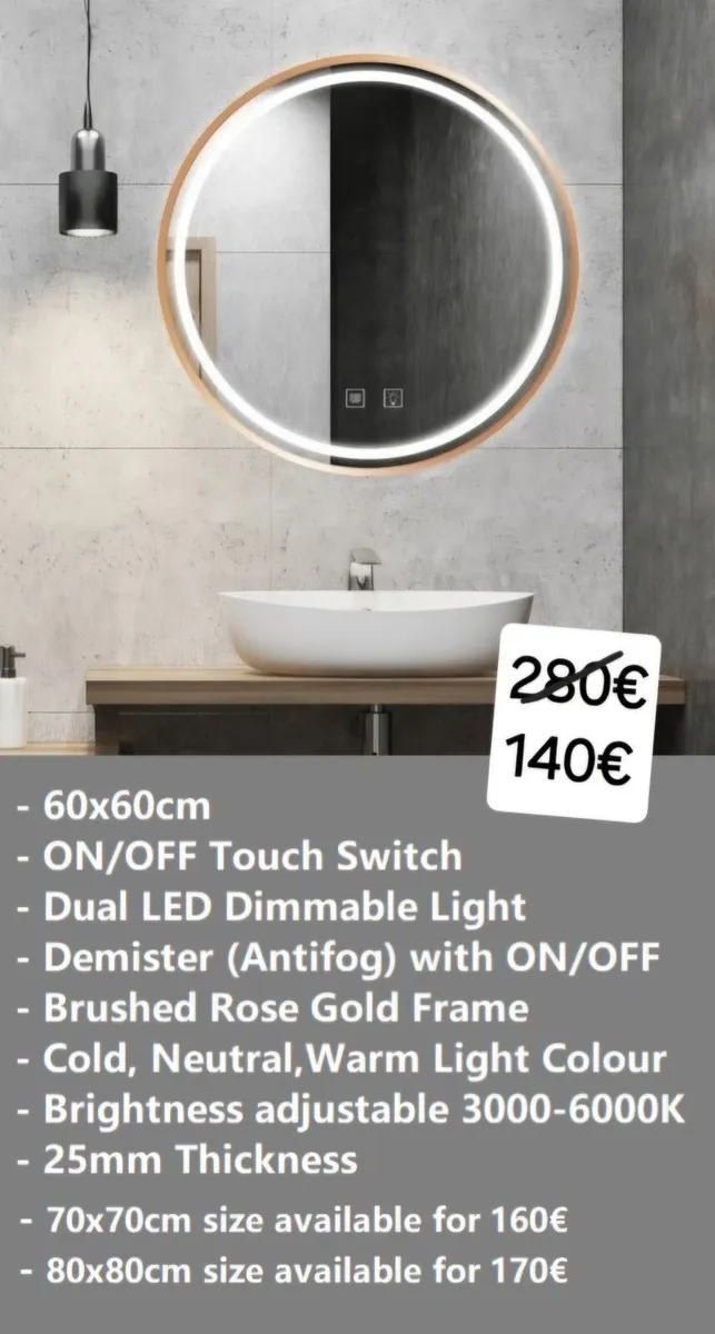 LED Bathroom Mirror Gold Frame Fog Free - Image 2