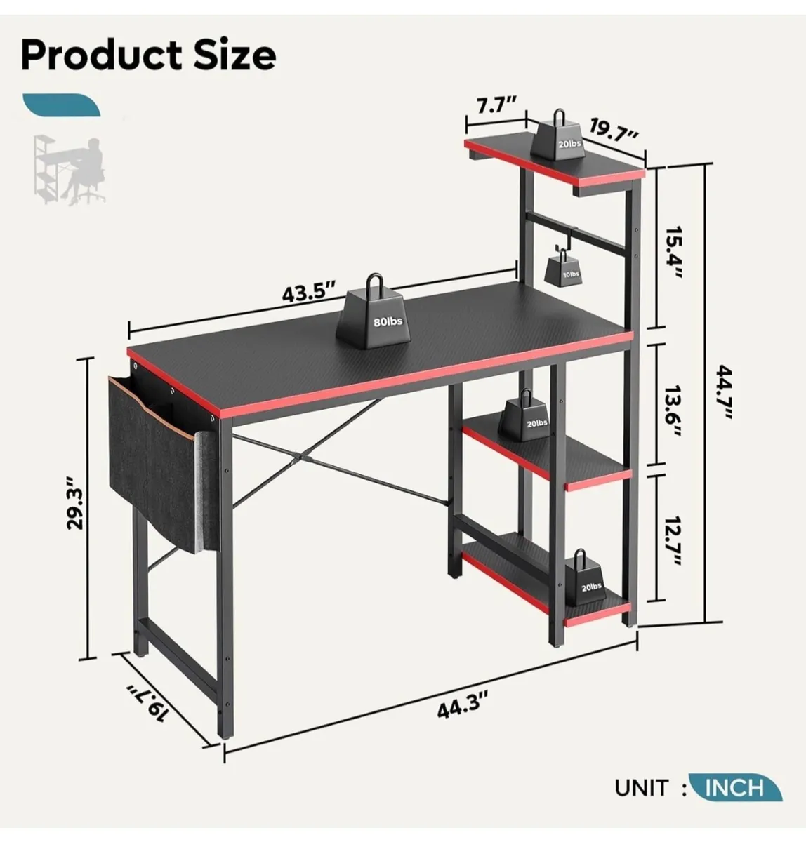 113CM Reversible Corner Gaming Desk with RGB LED L - Image 2