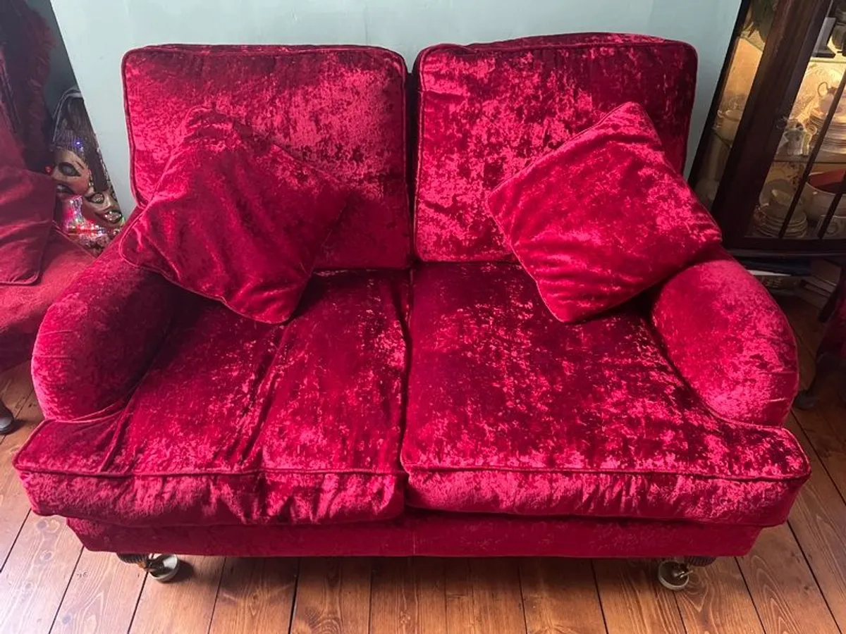 Boutique Red Velvet Sofa and Armchair - Image 1