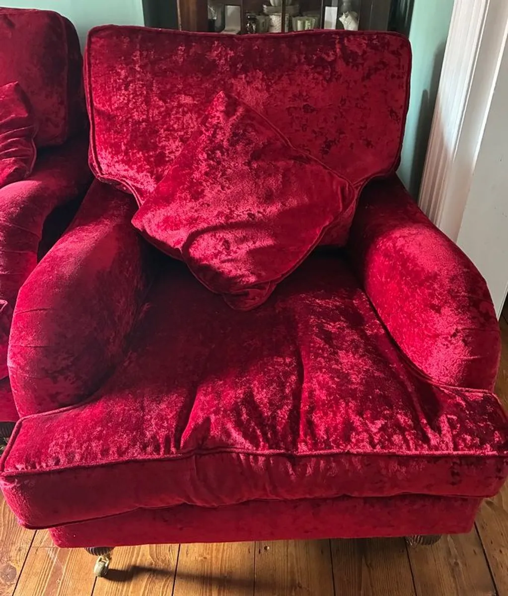 Boutique Red Velvet Sofa and Armchair - Image 3