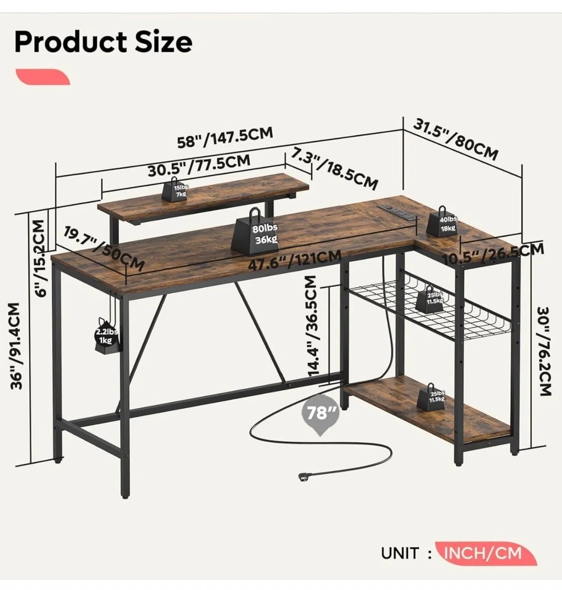 147CM L-Shaped Desk with Power Outlets & LED Light - Image 2