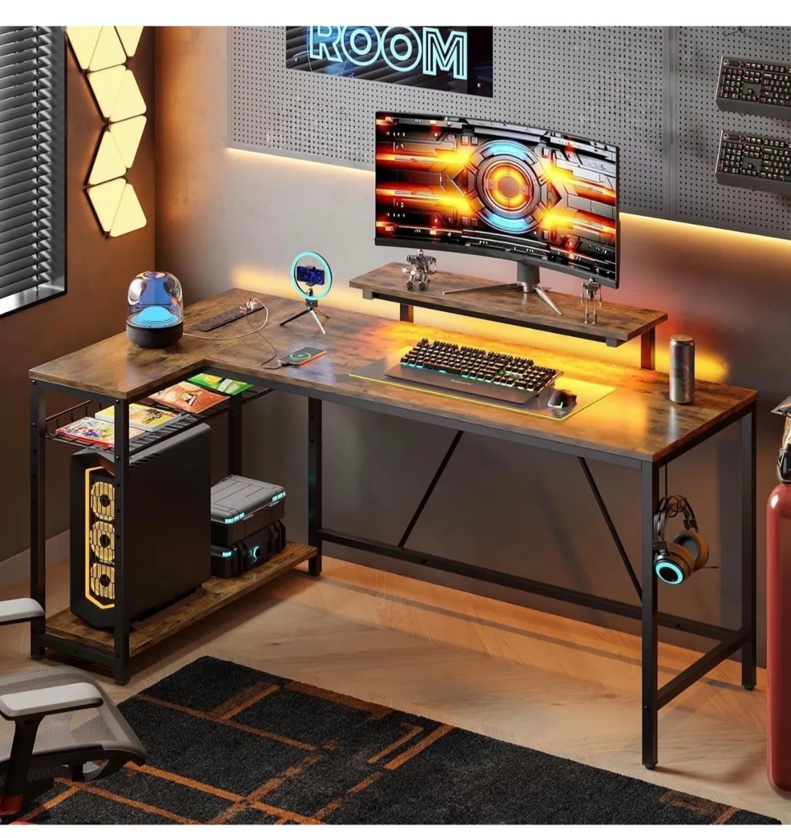 147CM L-Shaped Desk with Power Outlets & LED Light - Image 3