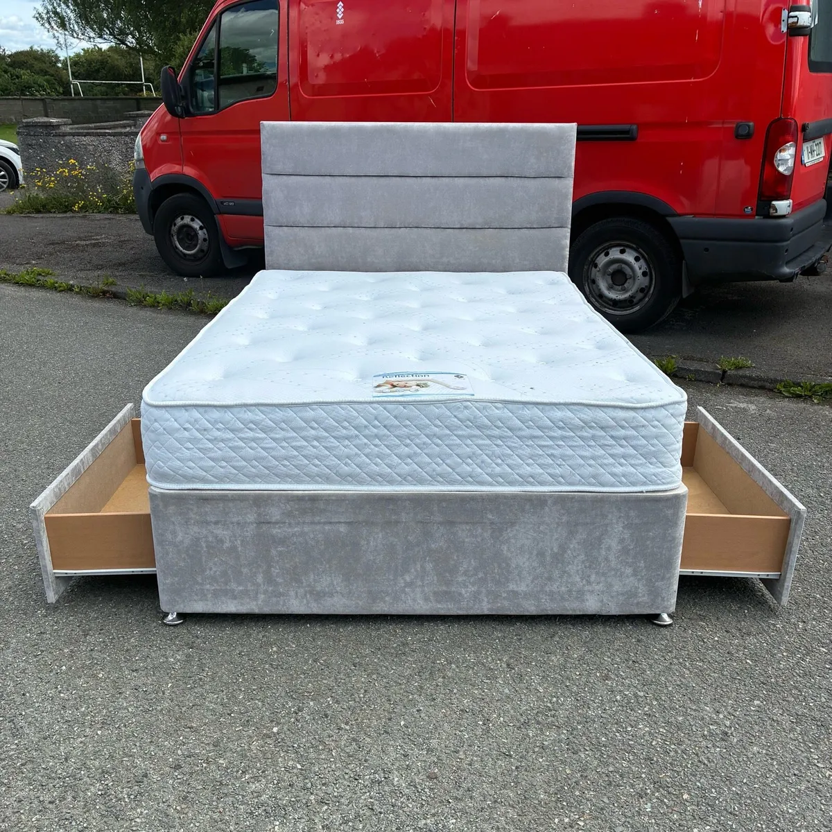 VGC! grey Double bed with 2 drawers & mattress - Image 1