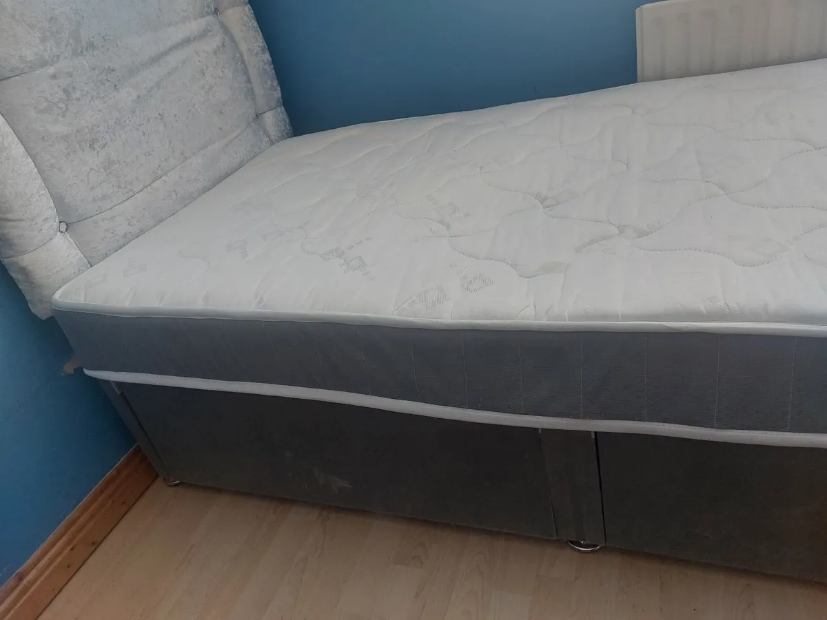 2 single beds with white velvet headboards and 2 d - Image 2