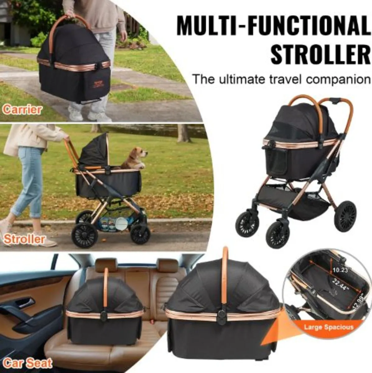 Pet Stroller, 4 Wheels Dog Stroller Rotate - Image 3