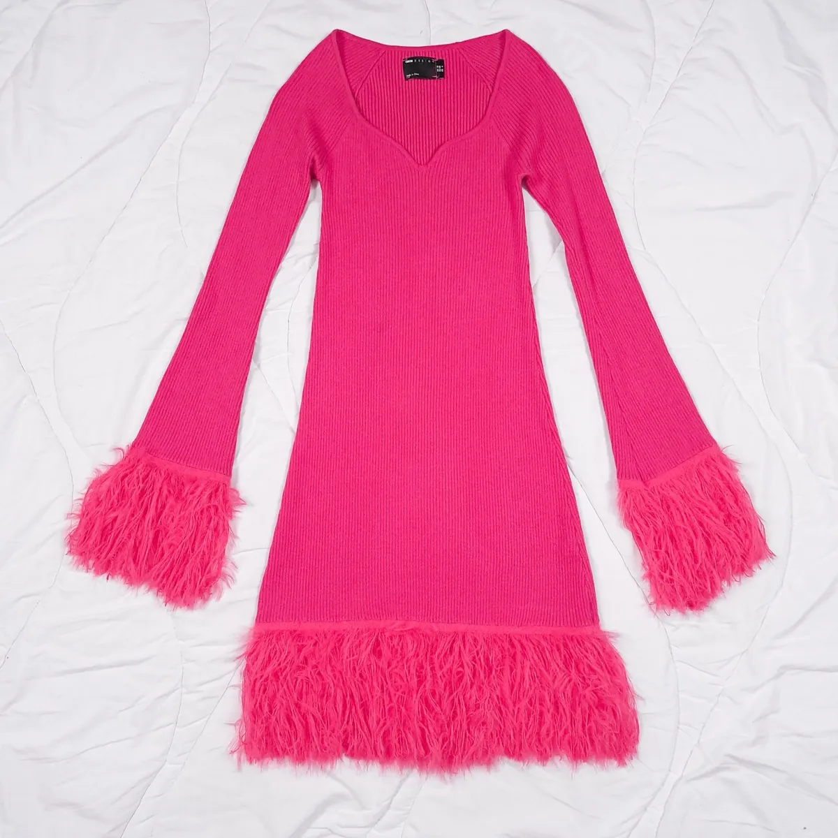 ASOS Pink Ribbed Knit Mini Dress Feather Trim 10UK - Image 2