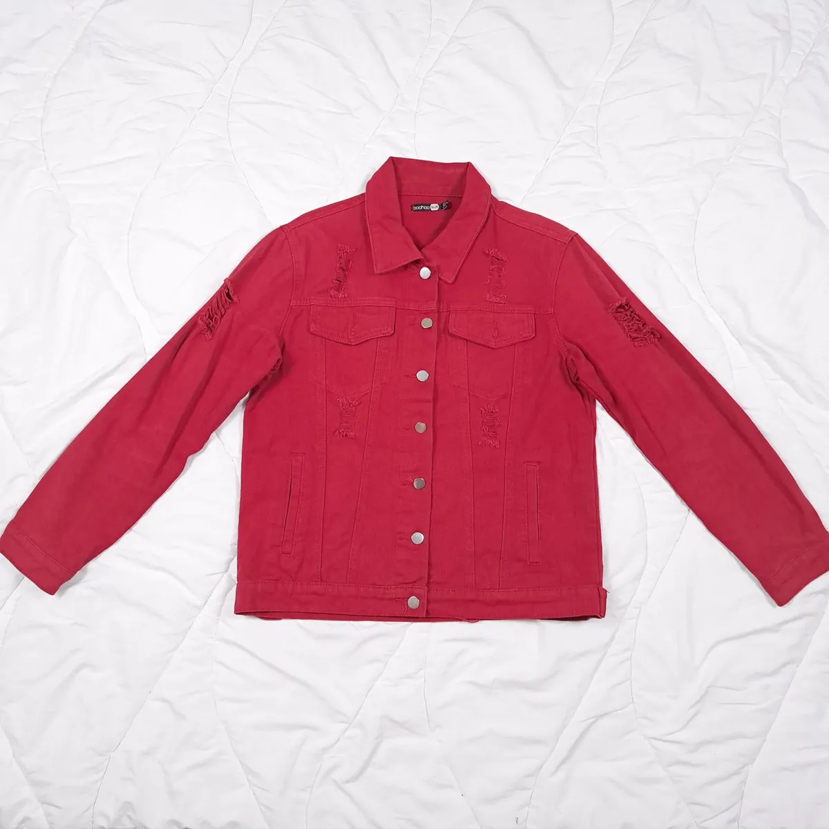 Boohoo Red Ripped Denim Jacket 10UK/38EU - Image 1