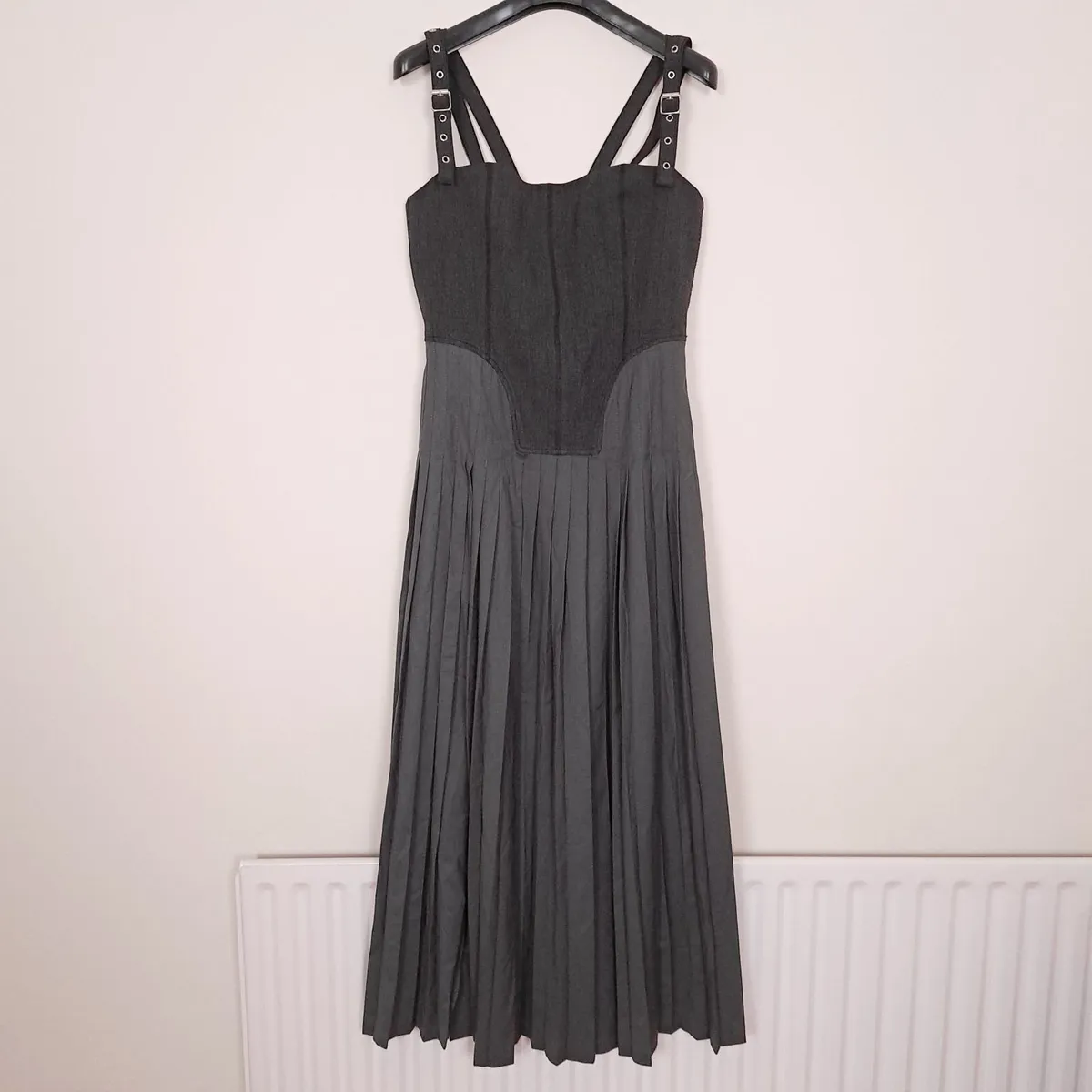 Zara Grey Pleated Corset Strap Midi Dress Size L - Image 1