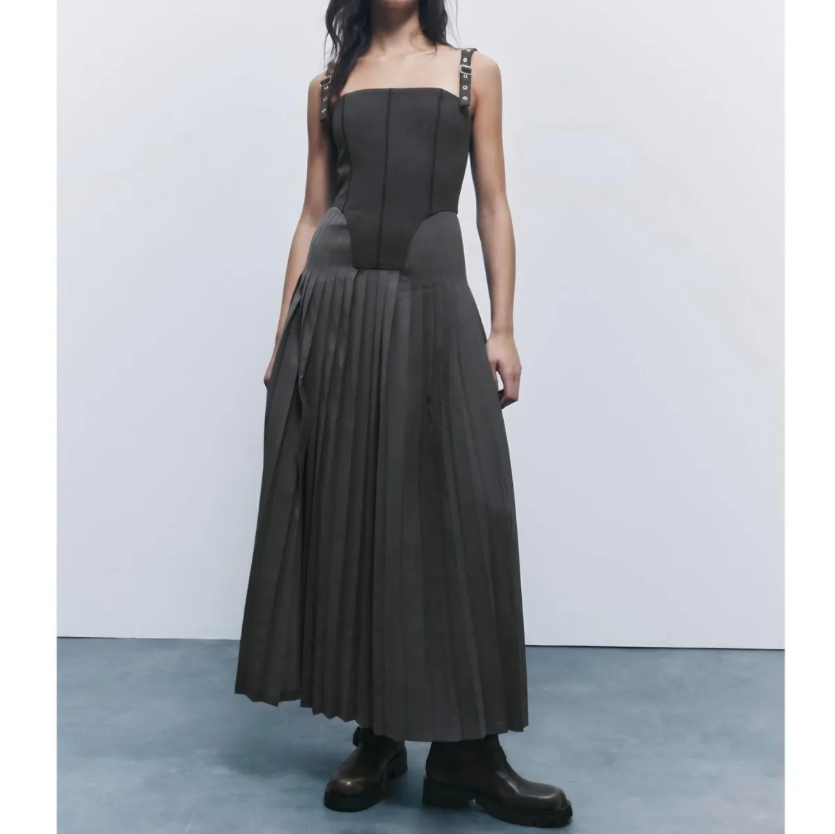 Zara Grey Pleated Corset Strap Midi Dress Size L - Image 3