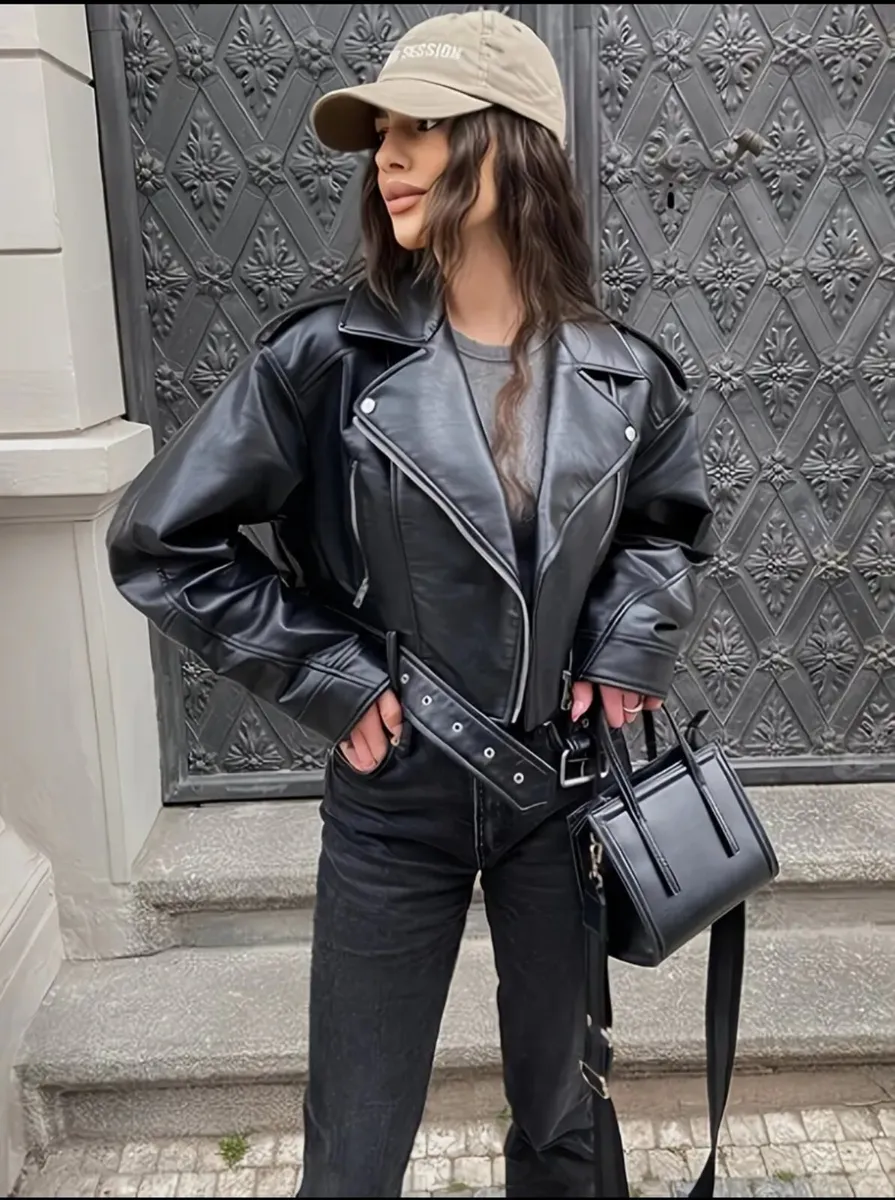 Cropped Black Faux Leather Biker Jacket – Size M - Image 1