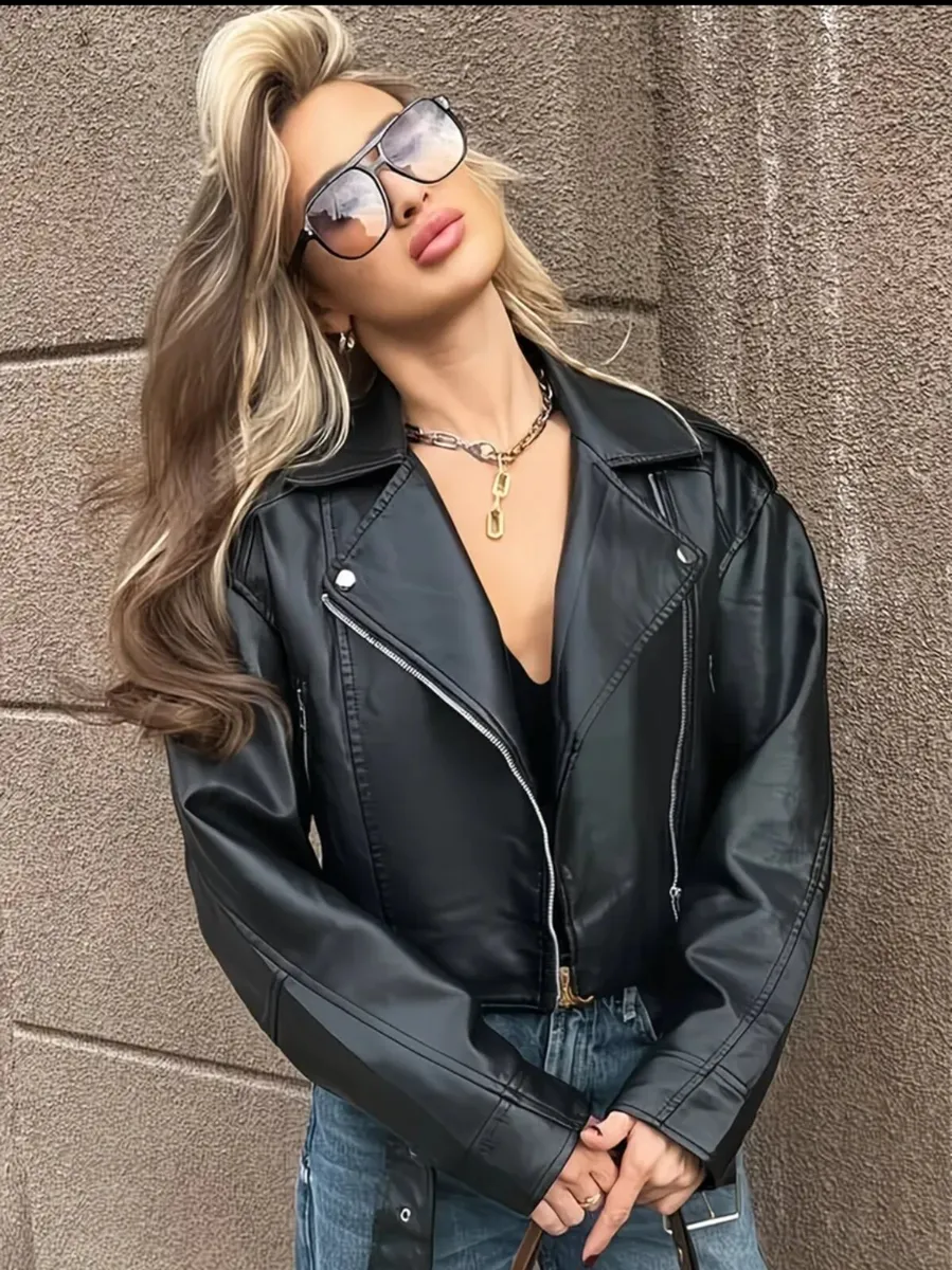 Cropped Black Faux Leather Biker Jacket – Size M - Image 2