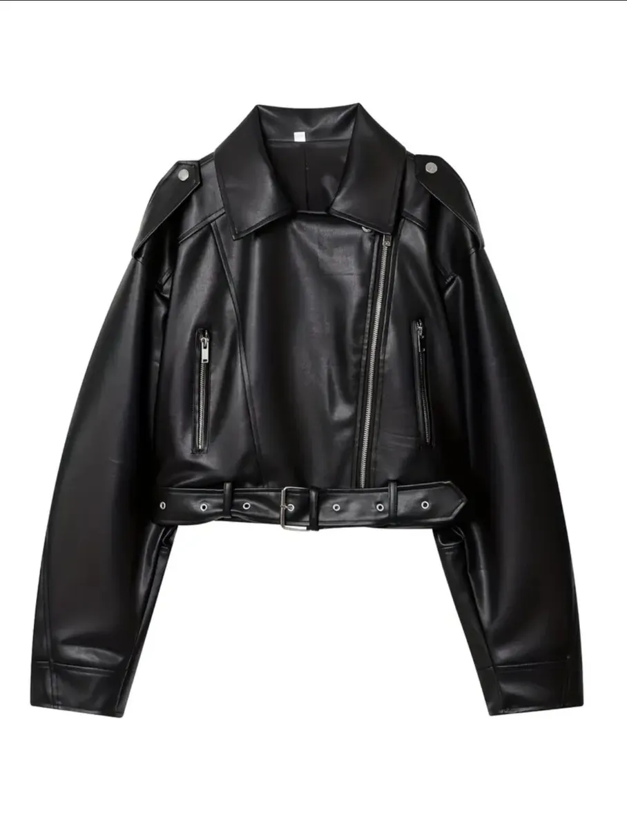 Cropped Black Faux Leather Biker Jacket – Size M - Image 4