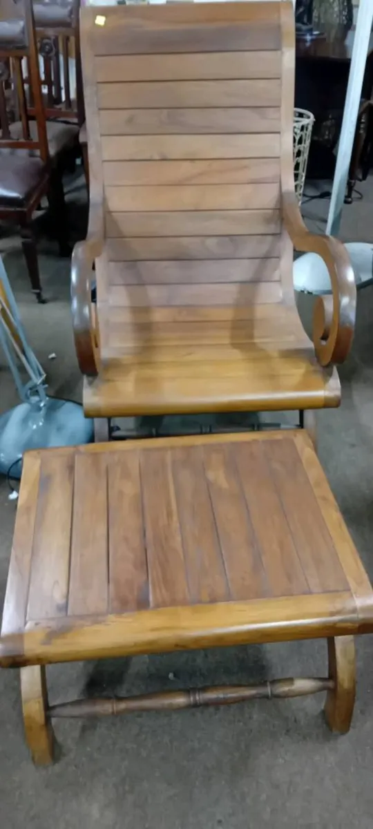 Large Plantation Style Harwood Deck Chair And Stoo - Image 2