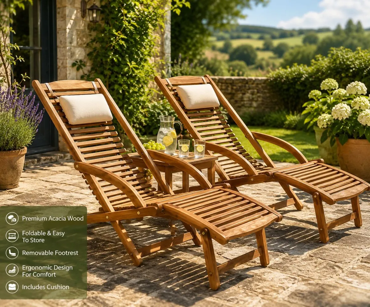 Acacia Wooden Sun Lounger Set of 2 Foldable Garden - Image 1