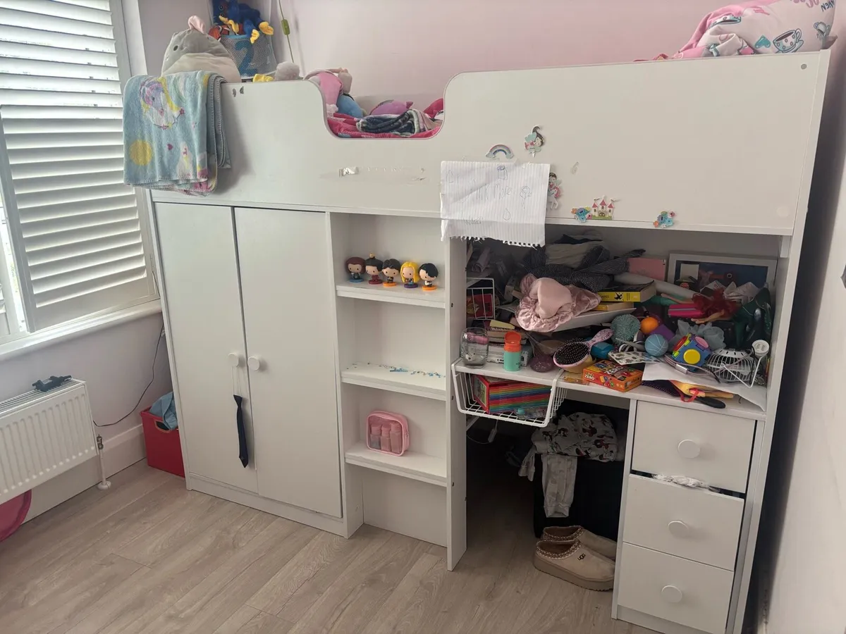 Raised bed with wardrobe and dresser underneath - Image 1