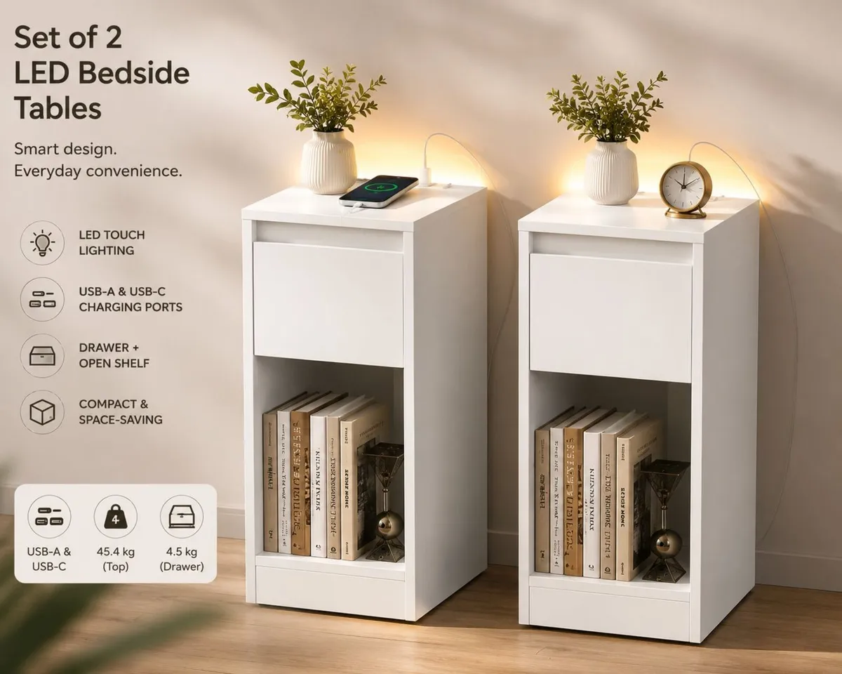 Set of 2 LED Bedside Tables with USB Charging Port - Image 1
