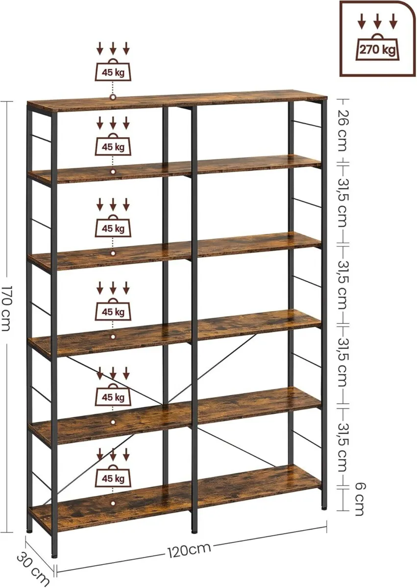 Bookcase XL 6 Tier Rustic Brown Industrial Shelf - Image 3