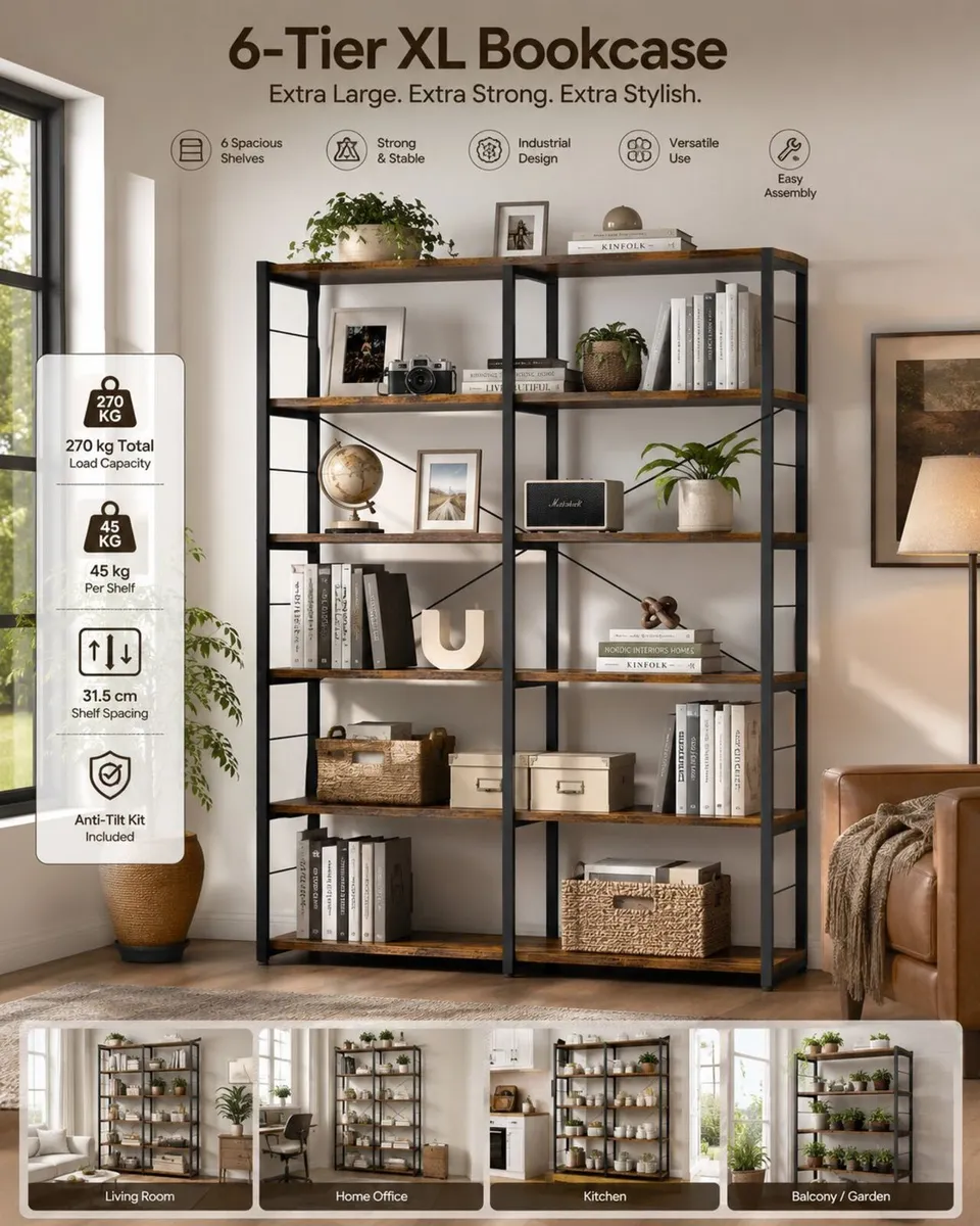Bookcase XL 6 Tier Rustic Brown Industrial Shelf - Image 1