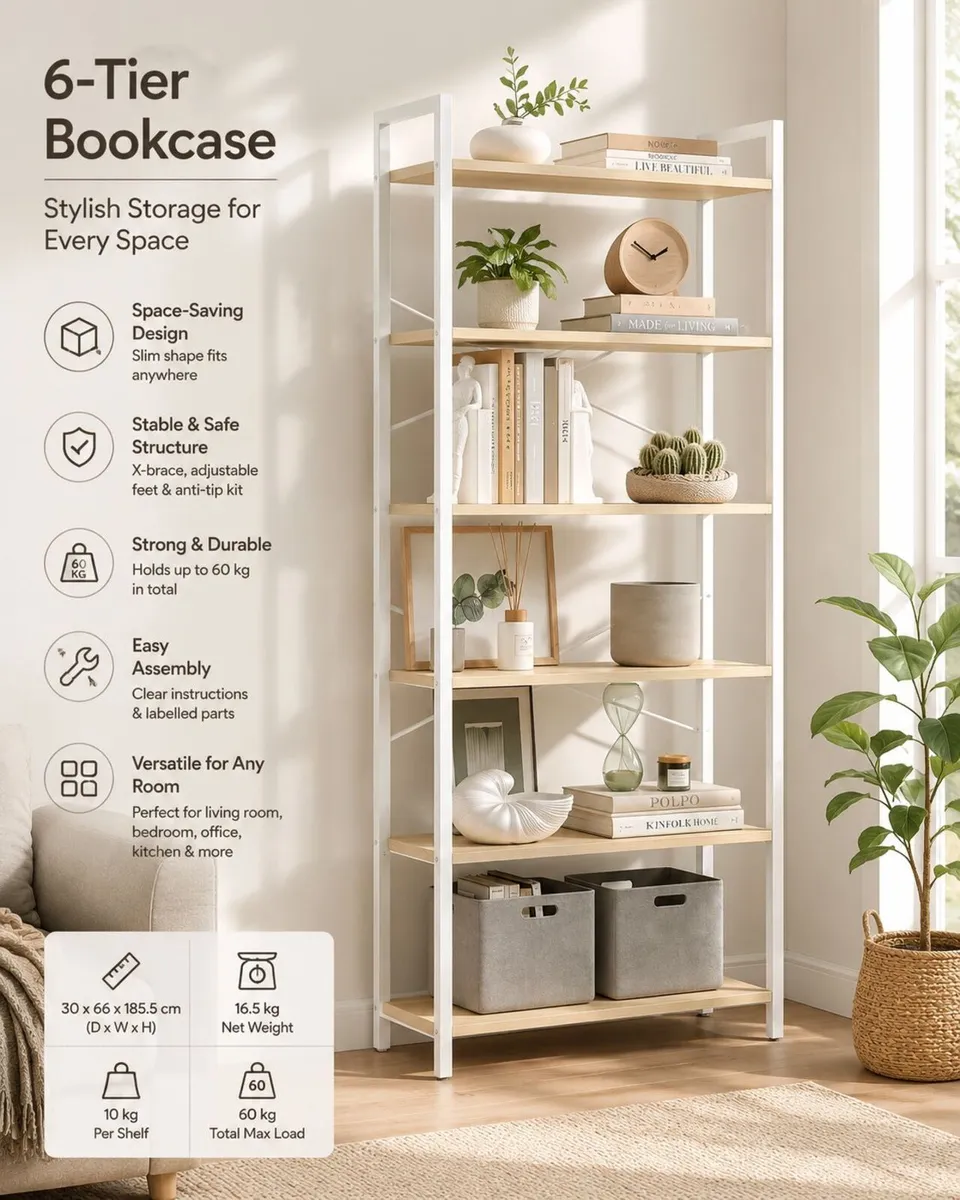 6-Tier Narrow Bookcase - Image 1