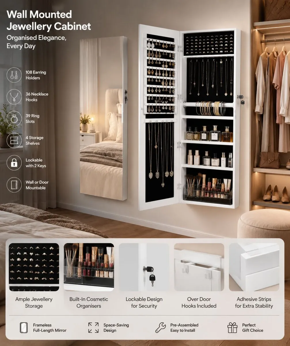 Wall Mounted Jewellery Cabinet with Full-Length Mi - Image 2