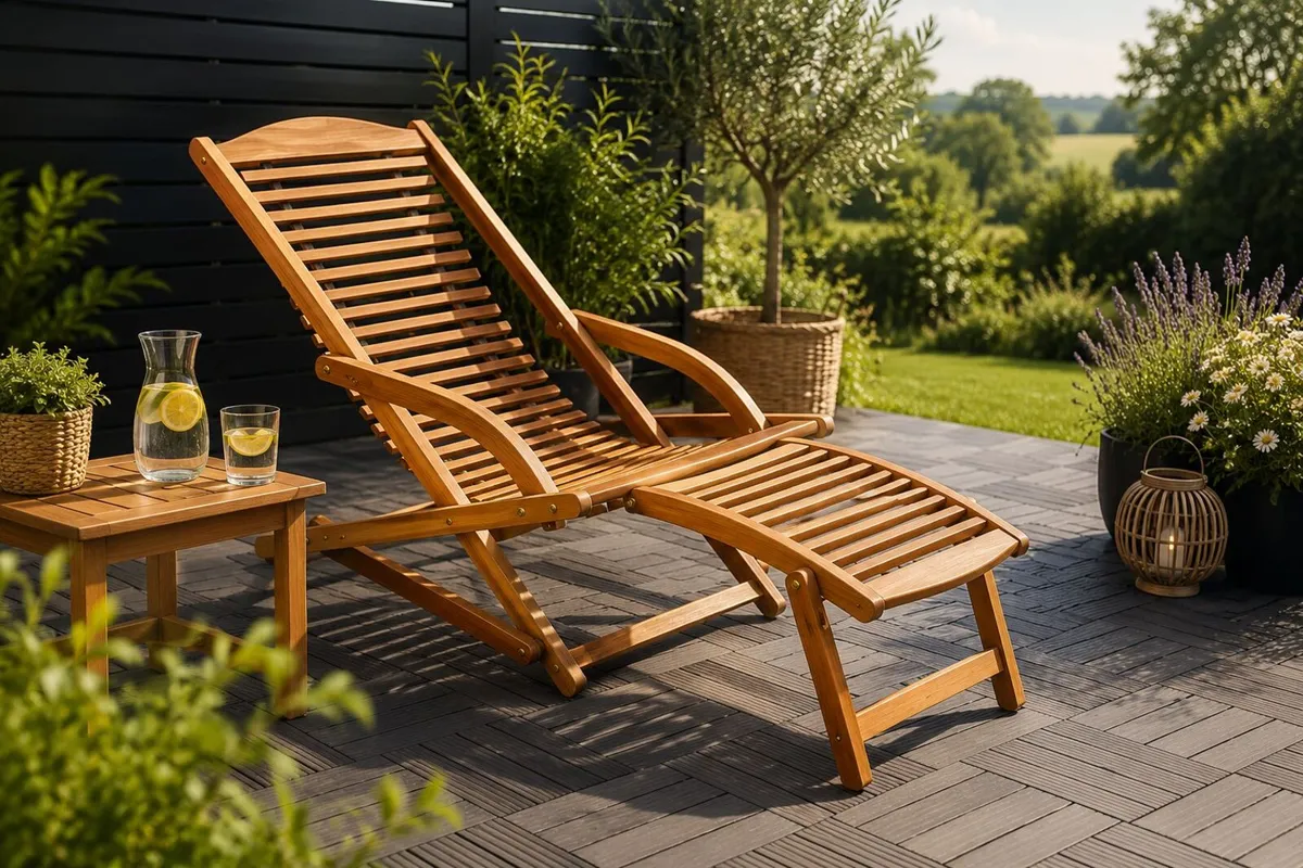 Sun Lounger Foldable Weatherproof Wooden Footrest - Image 3