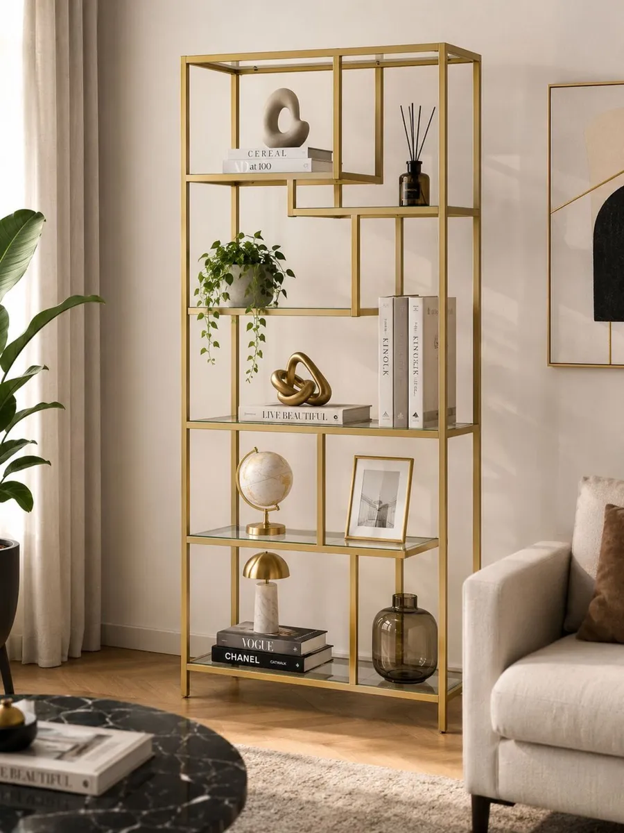 180cm Modern Glass Display Shelf Black or Gold Met - Image 2
