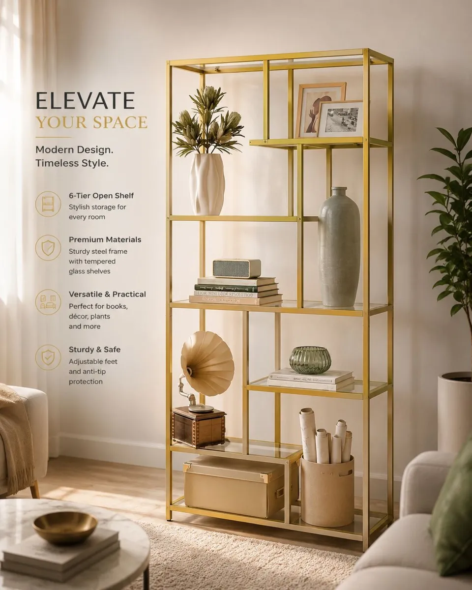 180cm Modern Glass Display Shelf Black or Gold Met - Image 1