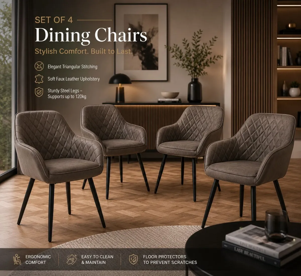 Set of 4 Faux Leather Dining Chairs with Armrests - Image 1