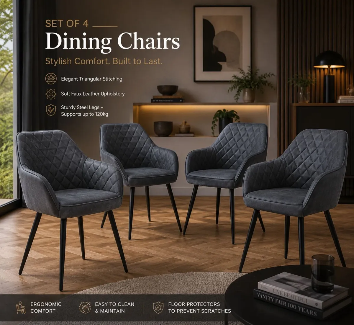 Set of 4 Faux Leather Dining Chairs with Armrests - Image 2