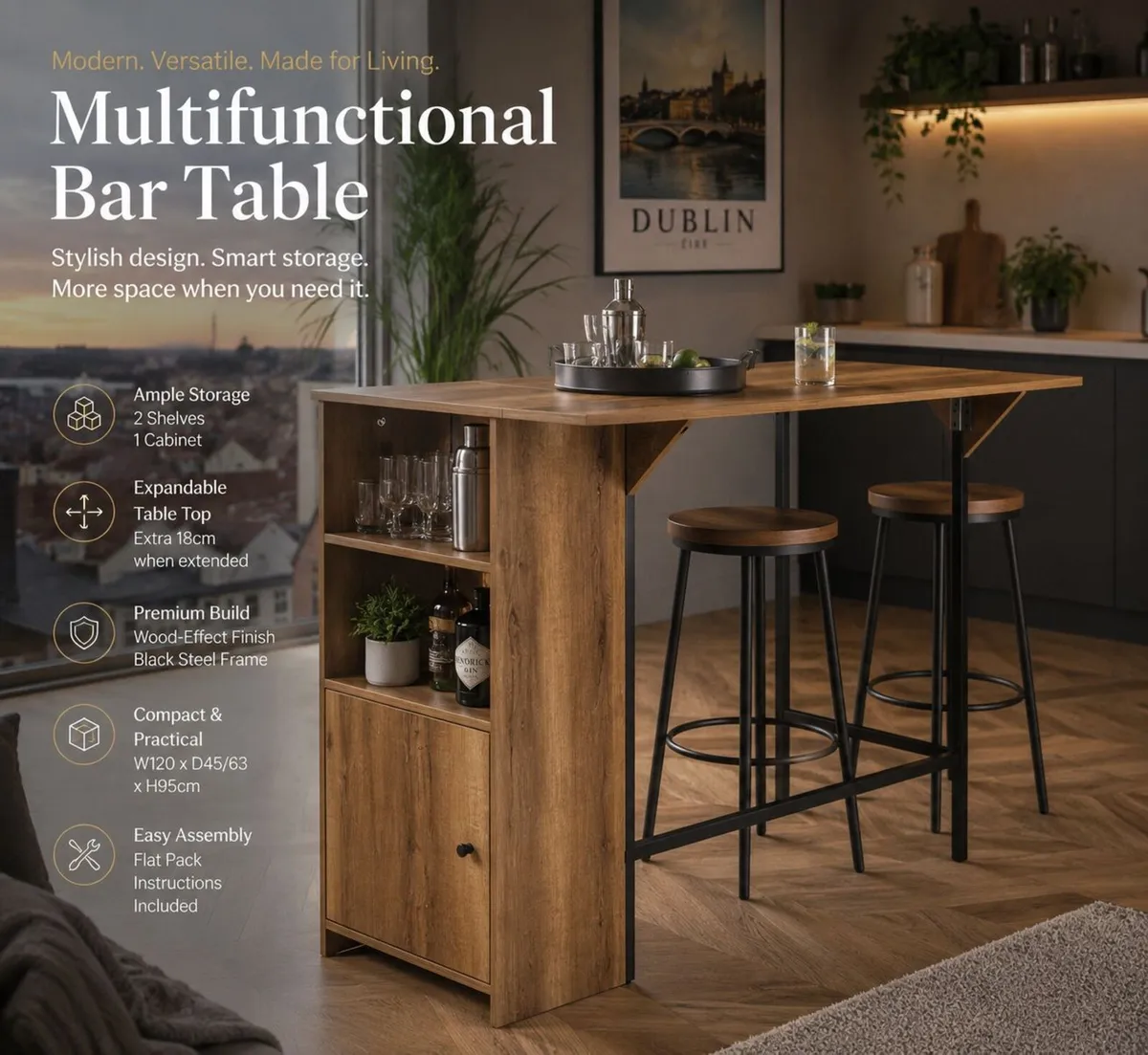 Kitchen Bar Table with Storage Shelves and Fold Ou - Image 1