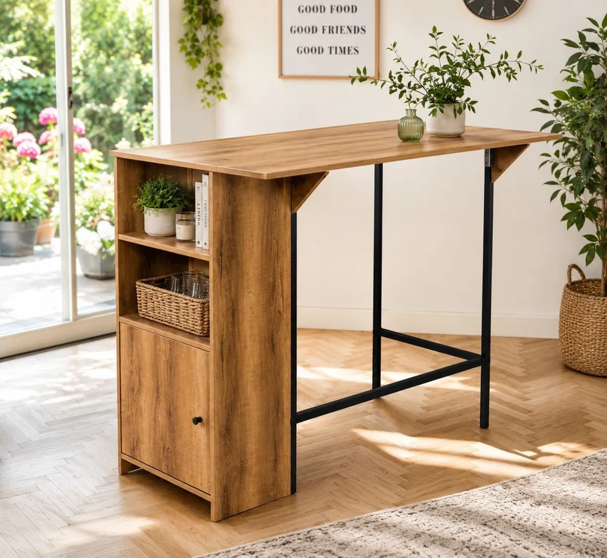 Kitchen Bar Table with Storage Shelves and Fold Ou - Image 3