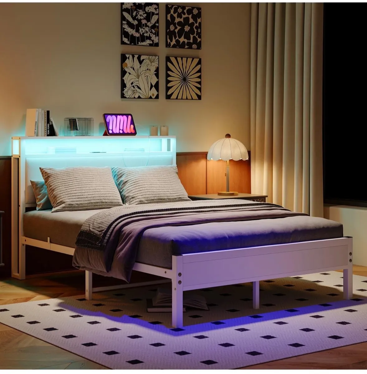 4FT6 Double Bed Frame with LED Lights and Charging - Image 1