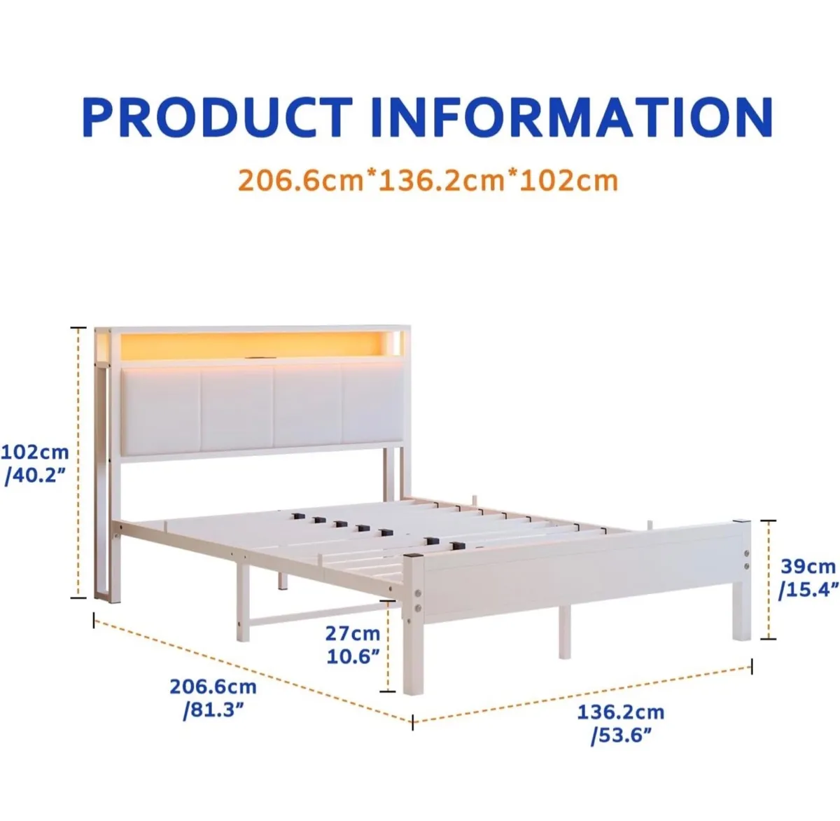 4FT6 Double Bed Frame with LED Lights and Charging - Image 4