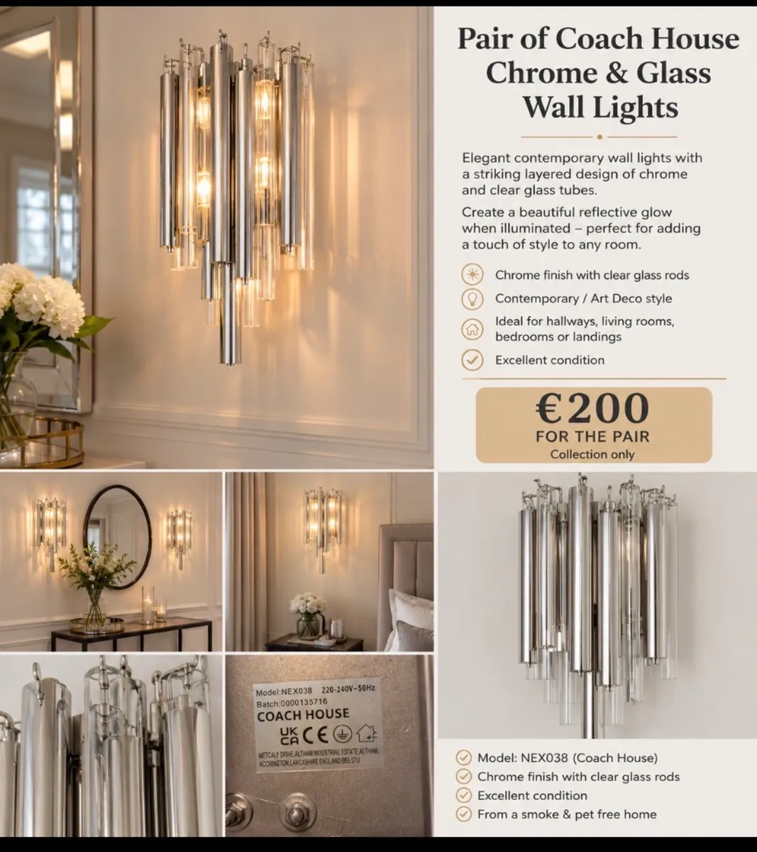 Pair of glass and chrome wall lights