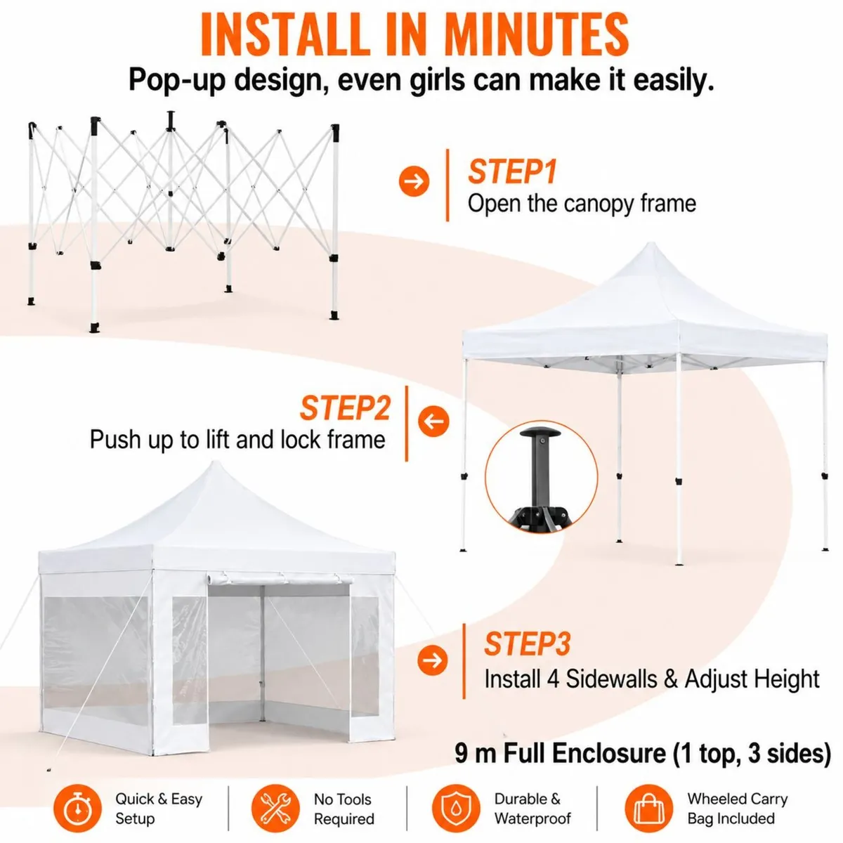 3m x 3m  Pop-Up Gazebo with Clear Sidewalls & Whee - Image 2
