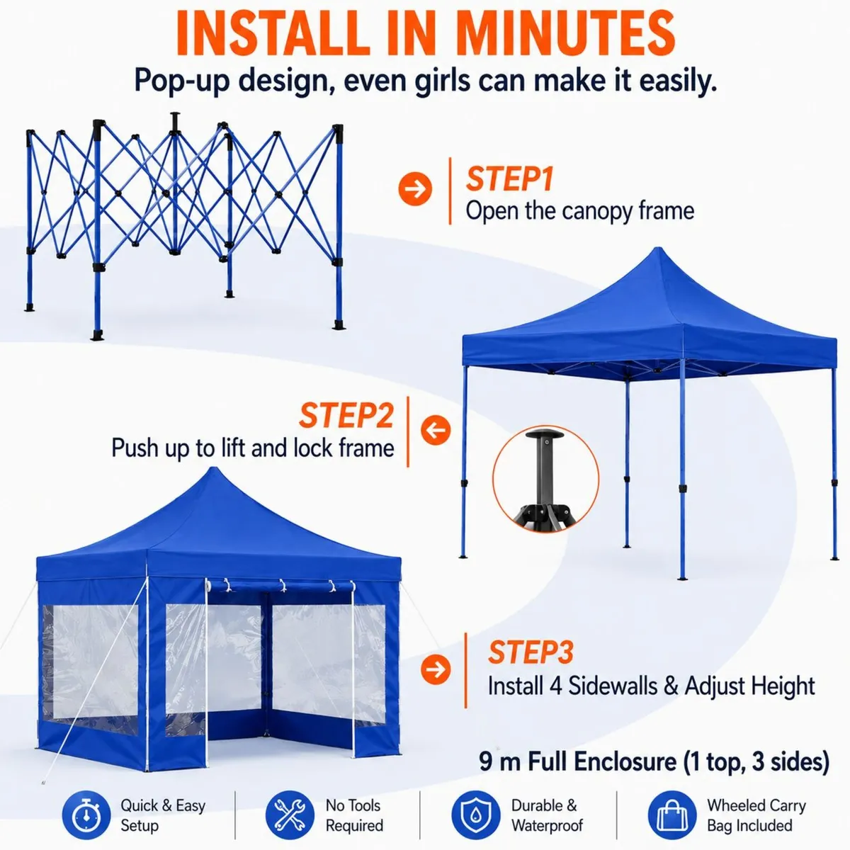 10ft x 10ft Blue Pop-Up Gazebo with Clear Sidewall - Image 3