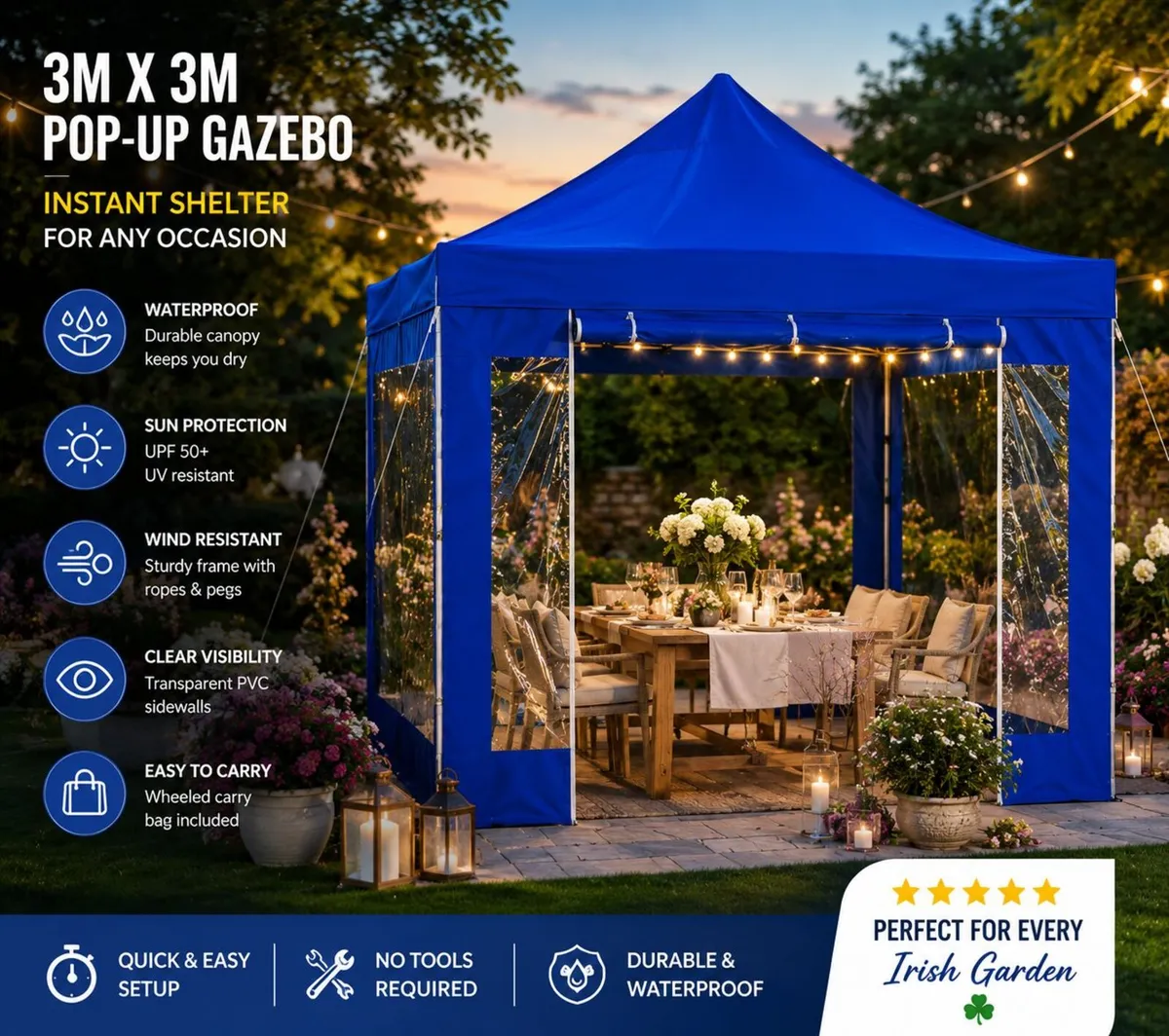 10ft x 10ft Blue Pop-Up Gazebo with Clear Sidewall - Image 1