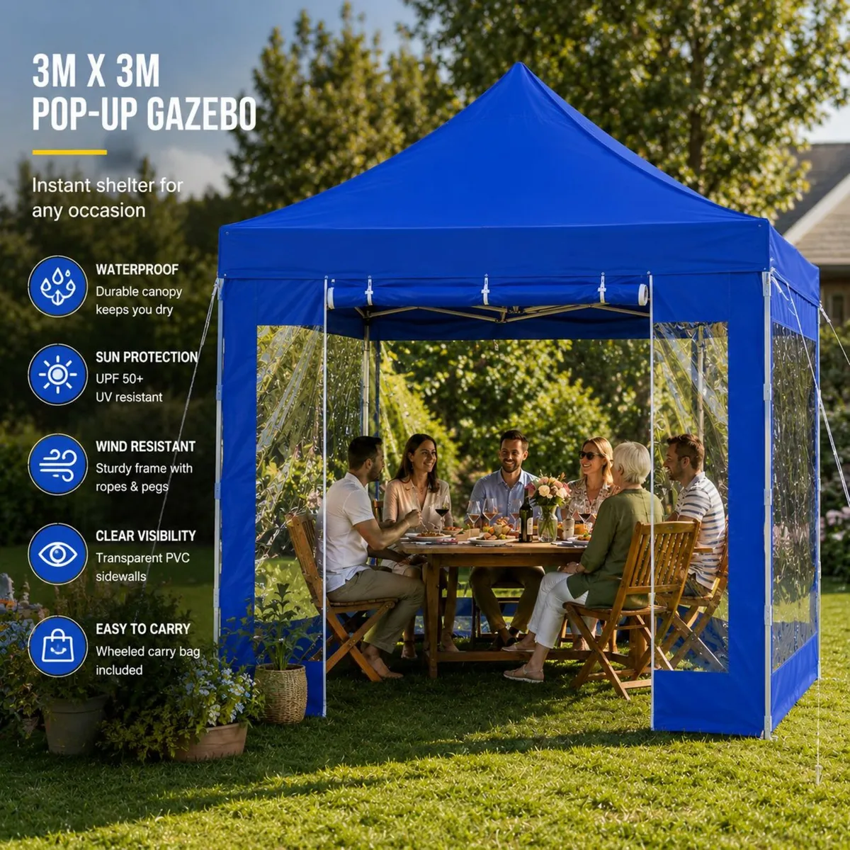 10ft x 10ft Blue Pop-Up Gazebo with Clear Sidewall - Image 4