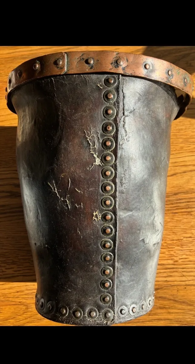 Coal Bucket, Antique,  Riveted Leather, Fireside. - Image 1