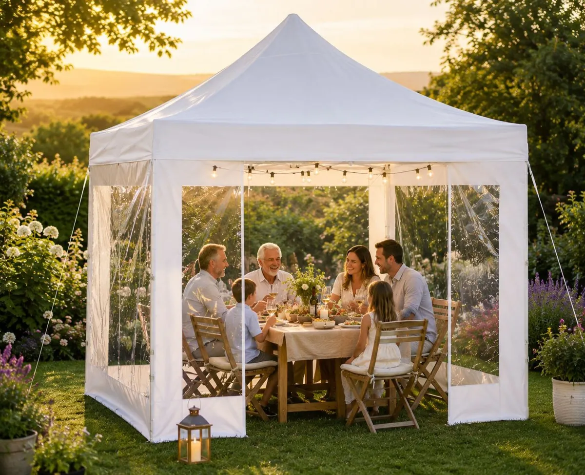 3m x 3m White Pop-Up Gazebo with Clear Sidewalls & - Image 1
