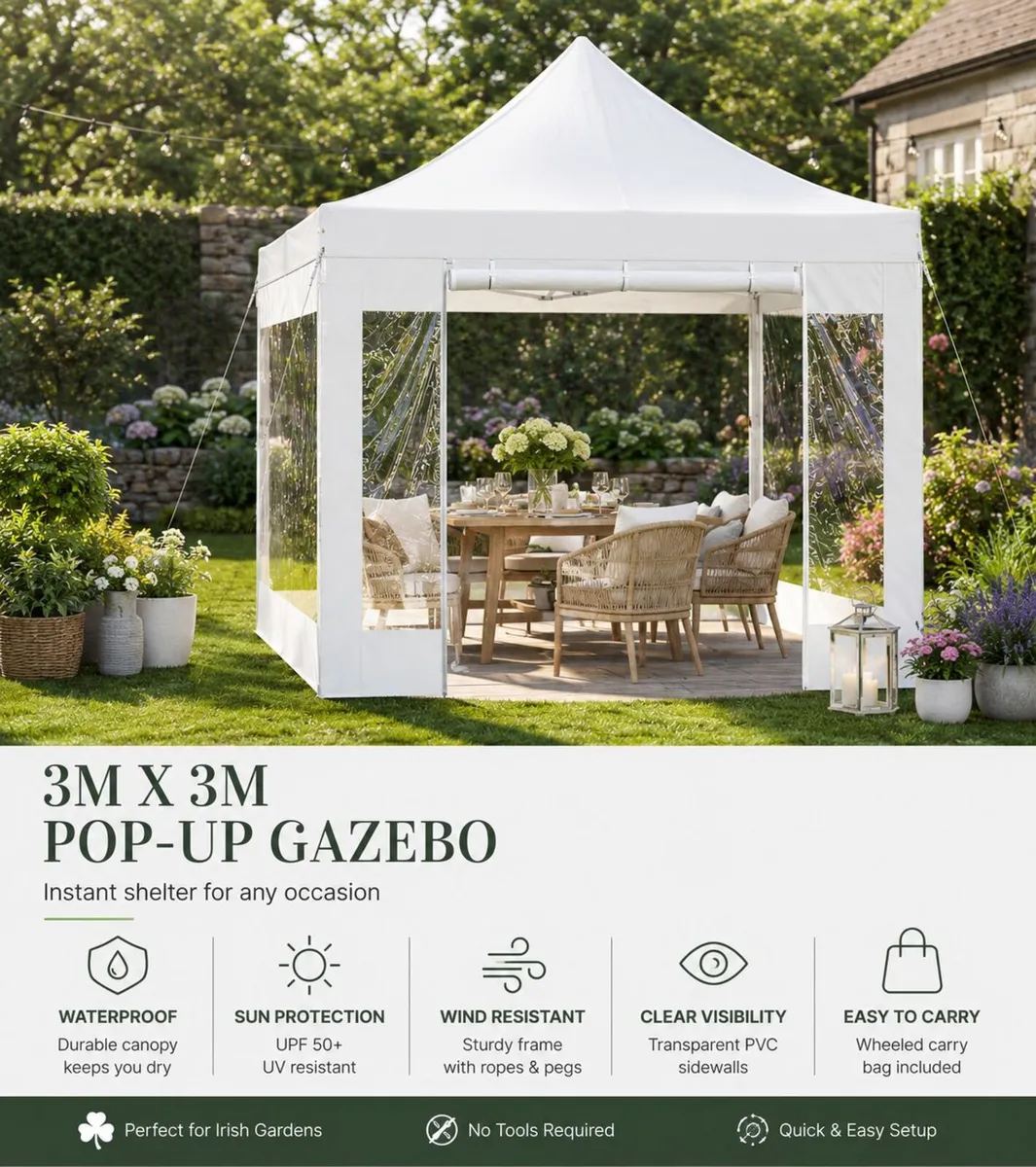 3m x 3m White Pop-Up Gazebo with Clear Sidewalls & - Image 2