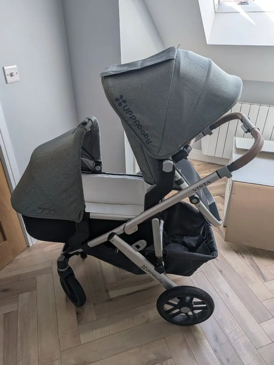Uppababy Vista Emmett Green Double Buggy with Bassinet Adapters Raincovers and Insect nets - Image 2