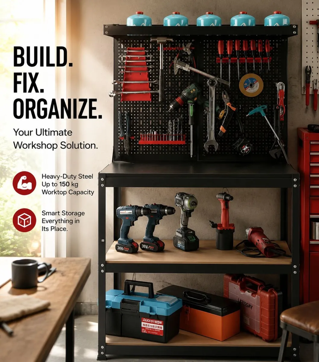 Heavy-Duty Garage Workbench with Pegboard Tool Sto - Image 1