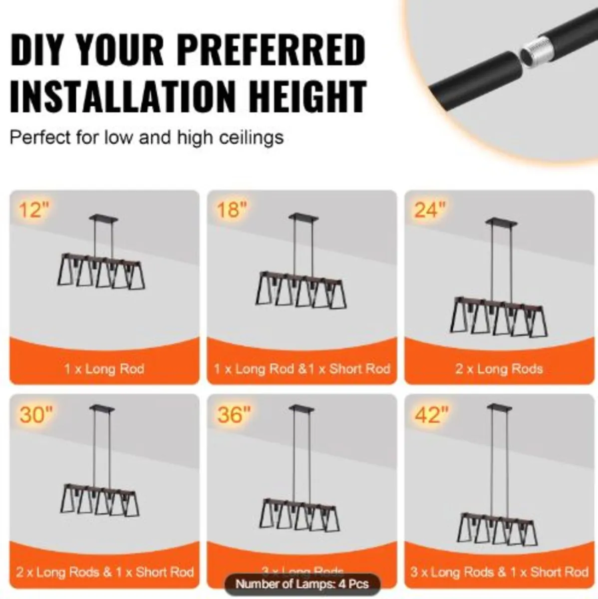 4-Light Kitchen Island Pendant Lights, 60W, Adjust - Image 2