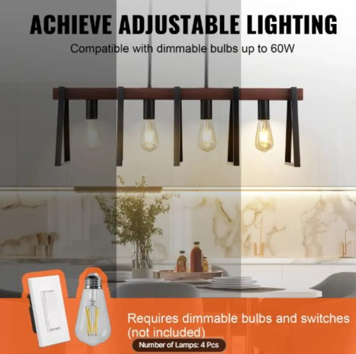 4-Light Kitchen Island Pendant Lights, 60W, Adjust - Image 3