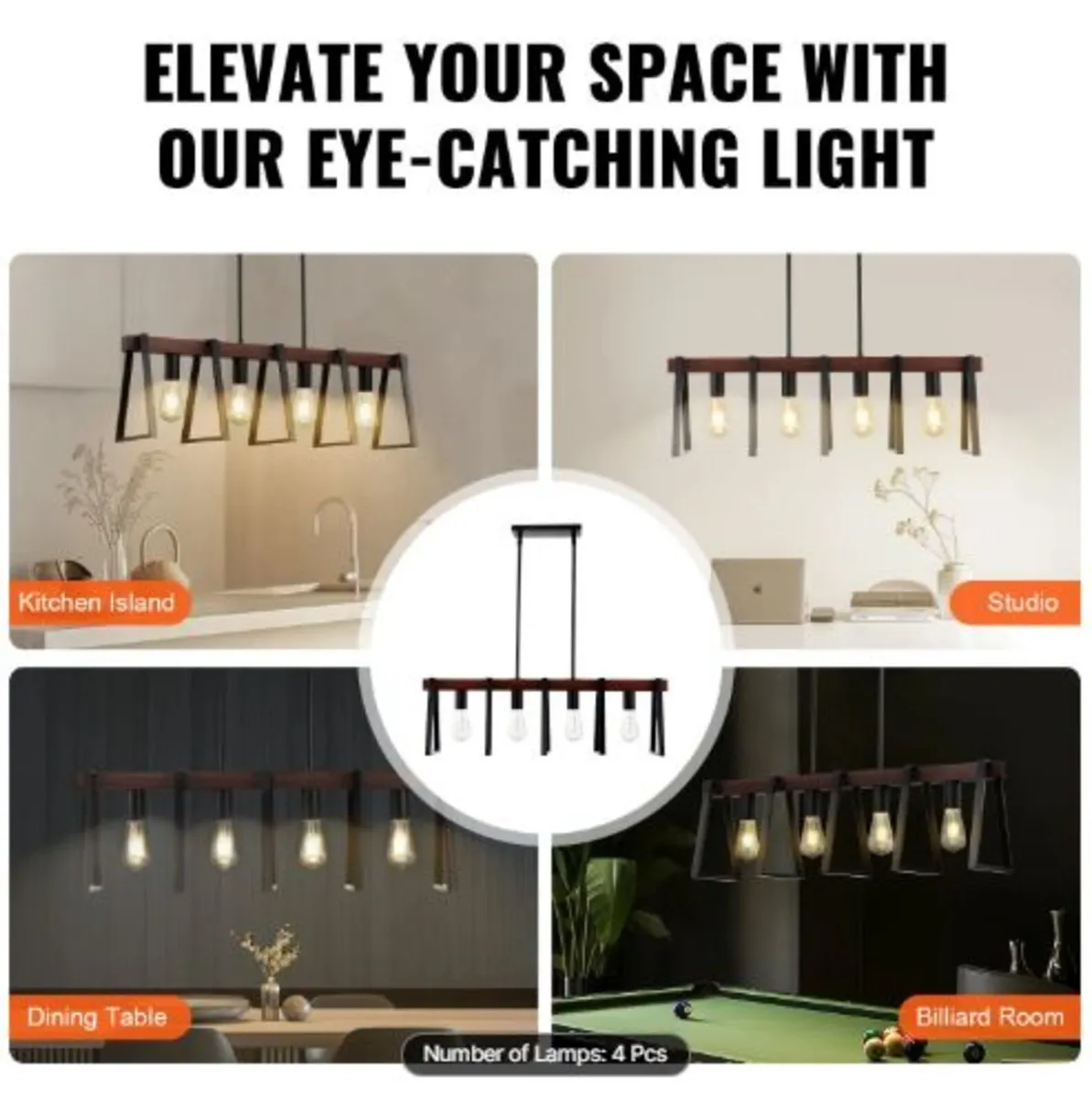 4-Light Kitchen Island Pendant Lights, 60W, Adjust - Image 4