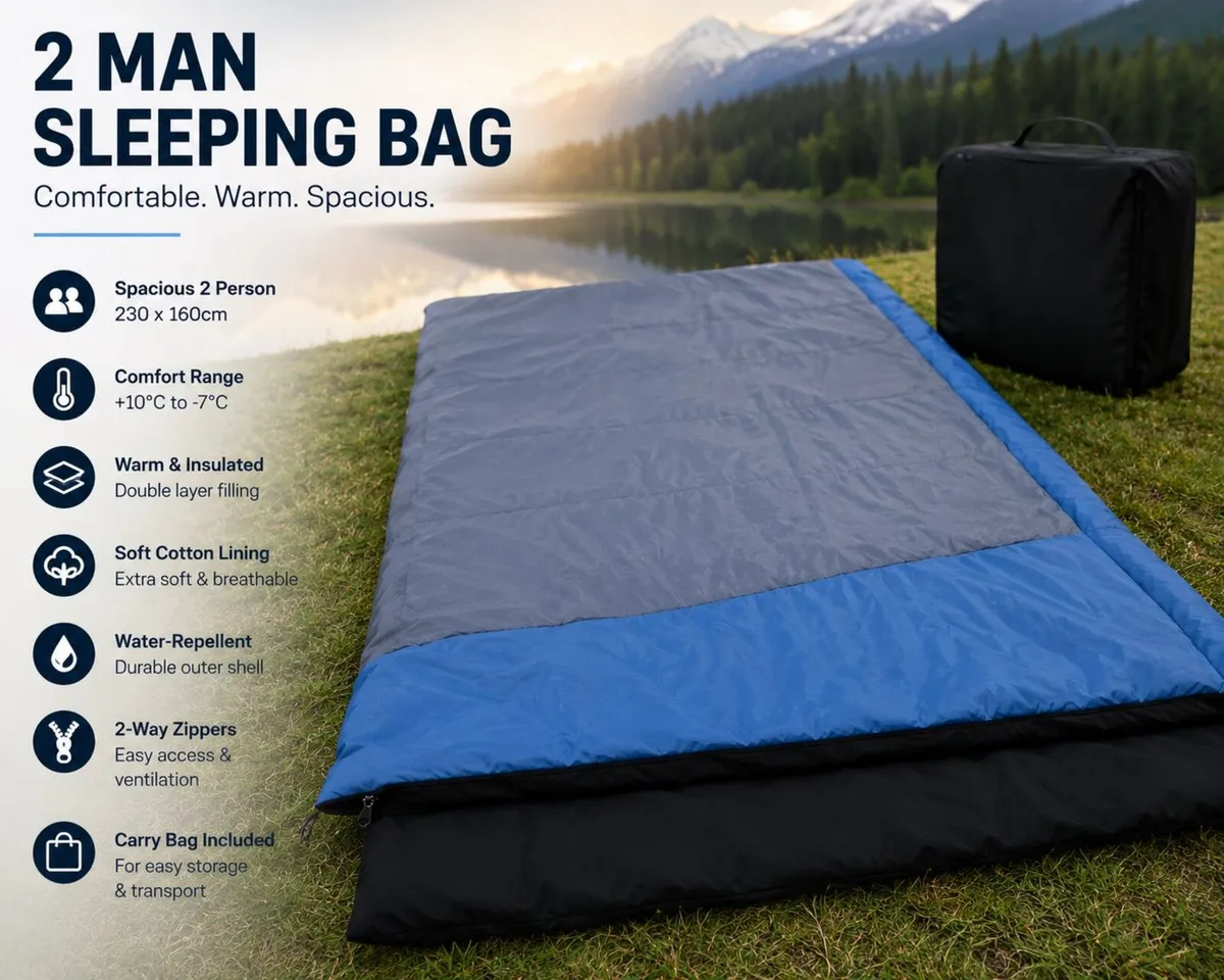 2 Man Sleeping Bag 230 x 160cm Cotton Lined Double - Image 1