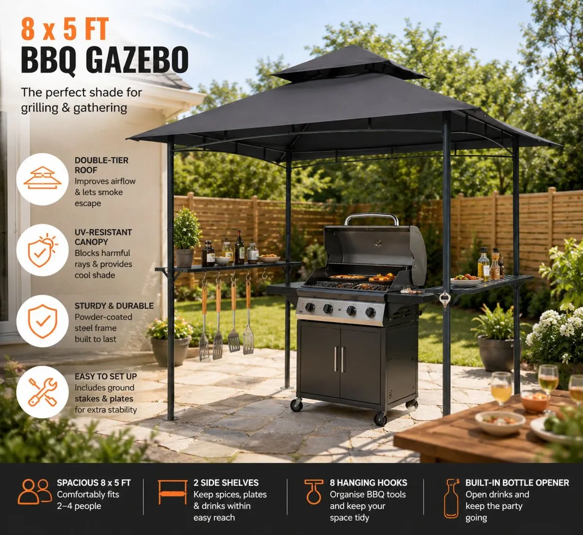 8 x 5 ft BBQ Gazebo Double-Tier Roof 2 Side Shelve - Image 1